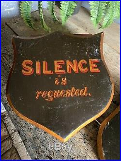 Antique Victorian Hand Painted Sign Wooden Shield Silence Religious Black Church