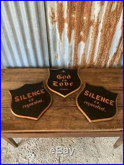 Antique Victorian Hand Painted Sign Wooden Shield Silence Religious Black Church