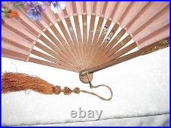 Antique Victorian Hand Painted Silk and Wood Hand Fan 1880's