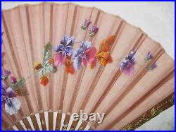 Antique Victorian Hand Painted Silk and Wood Hand Fan 1880's
