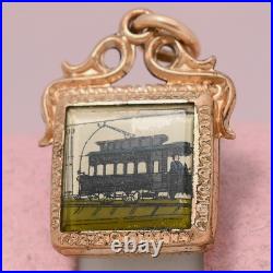 Antique Victorian Hand Painted Trolley Car Gold Filled Watch Fob Charm Pendant