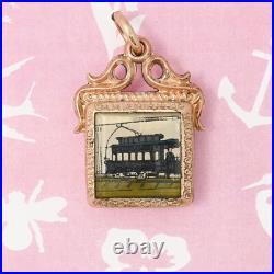 Antique Victorian Hand Painted Trolley Car Gold Filled Watch Fob Charm Pendant
