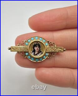 Antique Victorian Hand Painted Turquoise 18k Brooch Pin