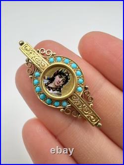 Antique Victorian Hand Painted Turquoise 18k Brooch Pin