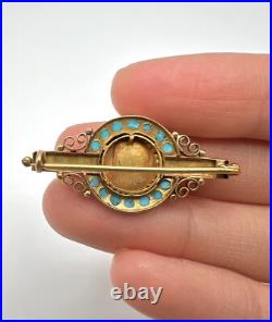 Antique Victorian Hand Painted Turquoise 18k Brooch Pin