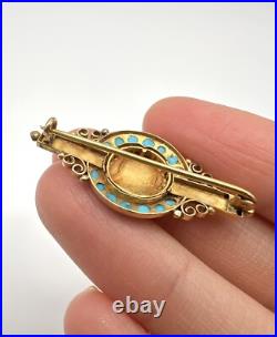 Antique Victorian Hand Painted Turquoise 18k Brooch Pin