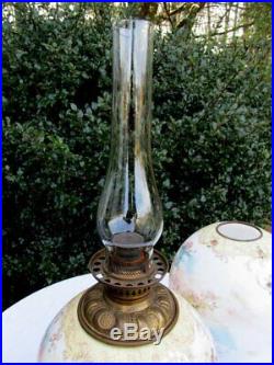 Antique Victorian Hand Painted Wild Flowers GWTW Banquet Oil Kerosene Lamp 24