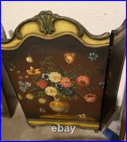 Antique Victorian Hand Painted Wooden 3-panel Fireplace Screen
