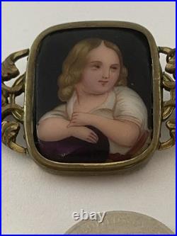 Antique Victorian Hand Painted Young Boy Porcelain Portrait Frame Brooch