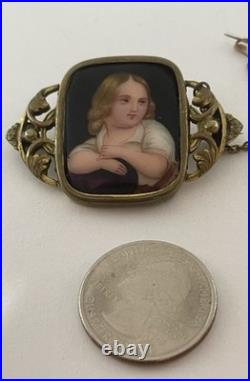 Antique Victorian Hand Painted Young Boy Porcelain Portrait Frame Brooch