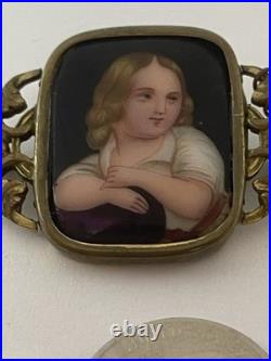 Antique Victorian Hand Painted Young Boy Porcelain Portrait Frame Brooch