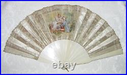 Antique Victorian Hand Painted and Lace Hand Fan Circa 1870