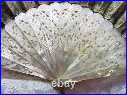 Antique Victorian Hand Painted and Mother of Pearl Hand Fan Dated 1861