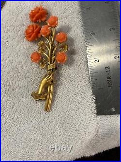 Antique Victorian Hand With Carved Molded Celluloid Flowers Brooch Pin