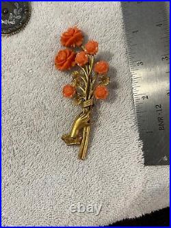 Antique Victorian Hand With Carved Molded Celluloid Flowers Brooch Pin