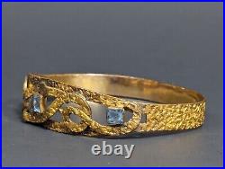 Antique Victorian Hand Wrought Brass Bangle Bracelet Blue Crystal Glass 7.5