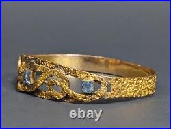 Antique Victorian Hand Wrought Brass Bangle Bracelet Blue Crystal Glass 7.5