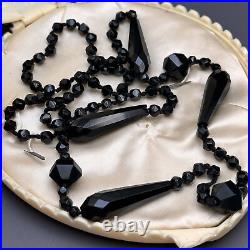 Antique Victorian Hand knotted Black Glass Bead beaded Necklace 33L