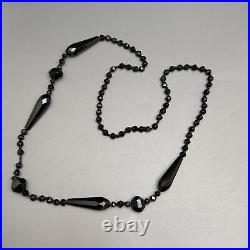 Antique Victorian Hand knotted Black Glass Bead beaded Necklace 33L