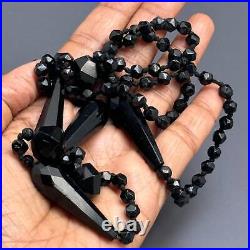 Antique Victorian Hand knotted Black Glass Bead beaded Necklace 33L