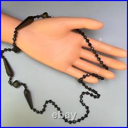 Antique Victorian Hand knotted Black Glass Bead beaded Necklace 33L