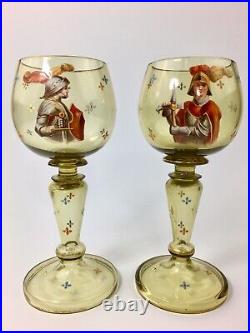 Antique Victorian Hand painted Art Wine Glasses Moser Type ca 1860