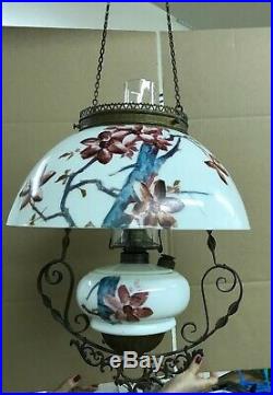 Antique Victorian Hanging Brass Parlor Oil Kerosene Hand Painted Floral Lamp