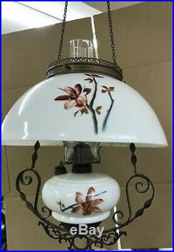 Antique Victorian Hanging Brass Parlor Oil Kerosene Hand Painted Floral Lamp