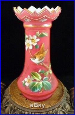 Antique Victorian Harrach Bohemian Cased Hand Painted Enamel Bird Art Glass Vase