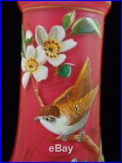 Antique Victorian Harrach Bohemian Cased Hand Painted Enamel Bird Art Glass Vase