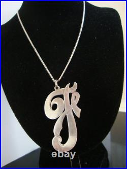 Antique Victorian Huge Initial F Silver Hand Made Unique Pendant Necklace