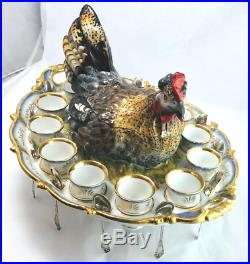 Antique Victorian Hungarian Porcelain Hen Egg Serving Dish. Hand-Painted, Gilded