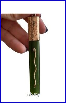 Antique Victorian Jade Rubie & Diamond 14k Gold Hand engraved Snake Pendant