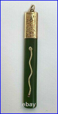Antique Victorian Jade Rubie & Diamond 14k Gold Hand engraved Snake Pendant