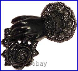 Antique Victorian Jet Hand And Rose Figure Portrait Mourning Brooch Pin