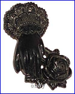 Antique Victorian Jet Hand And Rose Figure Portrait Mourning Brooch Pin