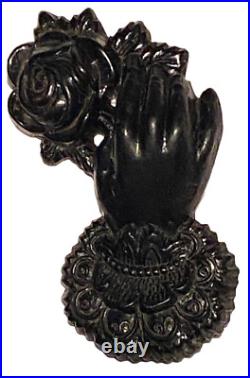 Antique Victorian Jet Hand And Rose Figure Portrait Mourning Brooch Pin