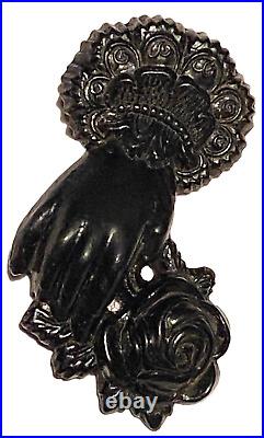 Antique Victorian Jet Hand And Rose Figure Portrait Mourning Brooch Pin