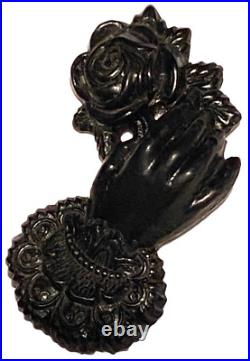 Antique Victorian Jet Hand And Rose Figure Portrait Mourning Brooch Pin