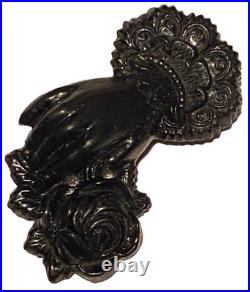 Antique Victorian Jet Hand And Rose Figure Portrait Mourning Brooch Pin