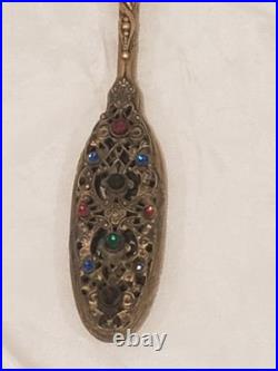 Antique Victorian Jeweled Hand Mirror on Gilt Filigree Metal WithLace Doily Estate