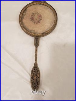 Antique Victorian Jeweled Hand Mirror on Gilt Filigree Metal WithLace Doily Estate