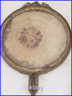 Antique Victorian Jeweled Hand Mirror on Gilt Filigree Metal WithLace Doily Estate