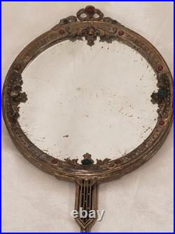 Antique Victorian Jeweled Hand Mirror on Gilt Filigree Metal WithLace Doily Estate