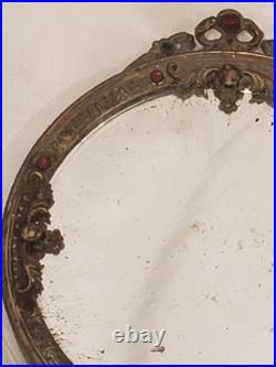 Antique Victorian Jeweled Hand Mirror on Gilt Filigree Metal WithLace Doily Estate
