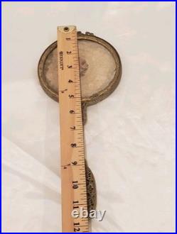 Antique Victorian Jeweled Hand Mirror on Gilt Filigree Metal WithLace Doily Estate