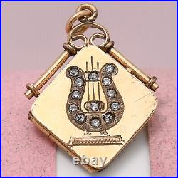 Antique Victorian LYRE Paste Hand Etched Yellow Gold Filled Charm Pendant Locket