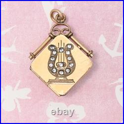 Antique Victorian LYRE Paste Hand Etched Yellow Gold Filled Charm Pendant Locket