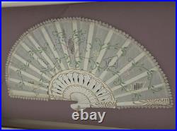 Antique Victorian Lace Hand Fan Shadow Box Framed HandPainted Embroidered VTG