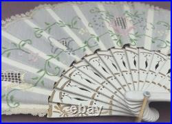 Antique Victorian Lace Hand Fan Shadow Box Framed HandPainted Embroidered VTG